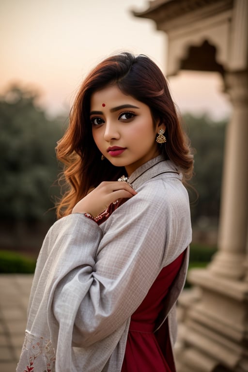 Indian lovely girls 23 year old cute girl  salwar kameez long dark red blonde hair, dark grey eyes , vignette, highly detailed, high budget, bokeh, cinemascope, moody, epic, gorgeous,in setting   in temple 