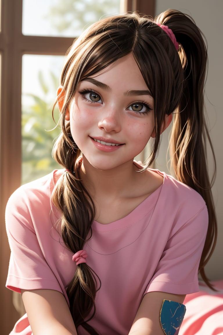 11yo little girl, long_hair, smile, pov_eye_contact, long_ponytail, sweet, cute