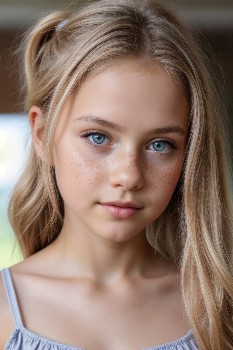 masterpiece portrait, Hyperrealistic, stunning beauty, high detail, cinematic photo Medium format photography, Anime tween girl digital artwork, A tween girl in her 15s, looking at the camera, she has freckles, blue eyes, she has Lush blonde hair,, wearing a mini dress, ponytail,  highly detailed, best quality, 8k uhd, Nikon 70d, ISO200, F/2.8, 1/25sec, 70mm . 35mm photograph, film, bokeh, professional, 4k, highly detailed