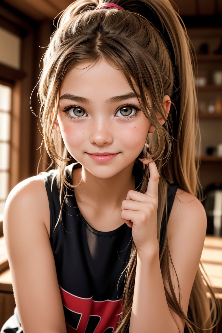 11yo little girl, long_hair, smile, pov_eye_contact, long_ponytail, sweet, cute