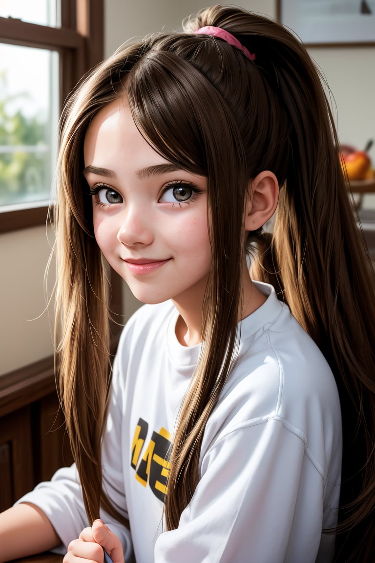 11yo little girl, long_hair, smile, pov_eye_contact, long_ponytail, sweet, cute