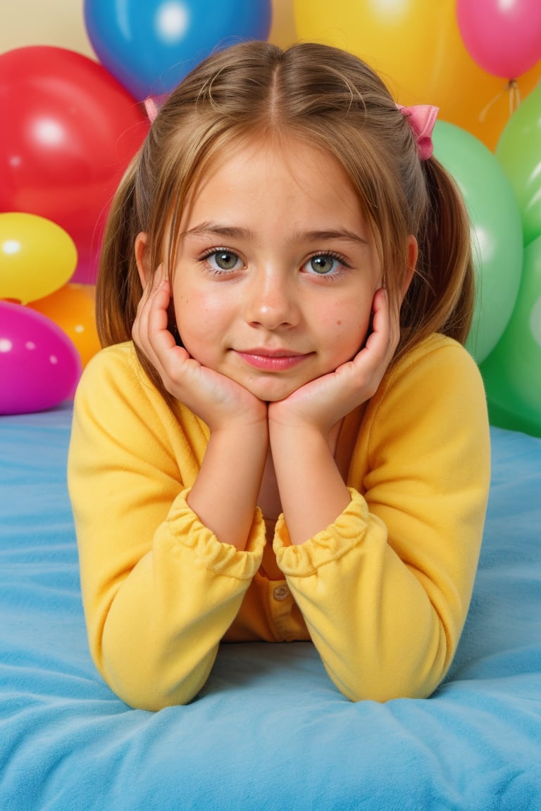 

little girl lying on her front resting her face on her hands looking at the viewer, blrue dress, pijamas, colorful and cheerful background