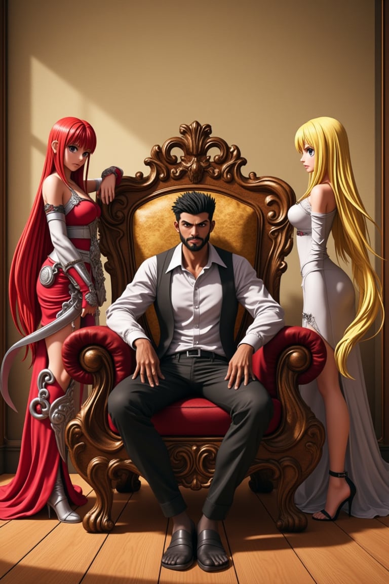 In a classic bedroom setting, three individuals gather around a beautifully crafted wooden chair with ornate cushions. At its center, a young man with dark skin and a chin strap beard sits confidently, his short black hair styled in a modern 7-cut, contrasting his energetic demeanor. To his left, Erza Scarlet from Fairy Tail poses elegantly, her long red locks flowing down her back as she wears an elaborate outfit with lightweight armor accentuating her strength and poise. On his right, Lucy Heartfilia from Fairy Tail stands out in a fitted dress with elegant details, her long blonde hair cascading down her back. The rustic beige wall, worn smooth by time, harmonizes with the wooden floor, creating a cozy atmosphere.