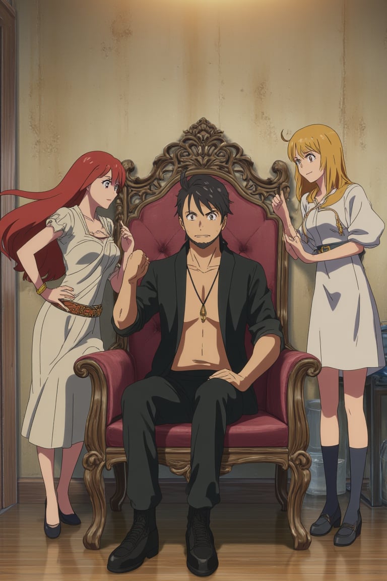 In a classic bedroom setting, three individuals gather around a beautifully crafted wooden chair with ornate cushions. At its center, a young man with dark skin and a chin strap beard sits confidently, his short black hair styled in a modern 7-cut, contrasting his energetic demeanor. To his left, Erza Scarlet from Fairy Tail poses elegantly, her long red locks flowing down her back as she wears an elaborate outfit with lightweight armor accentuating her strength and poise. On his right, Lucy Heartfilia from Fairy Tail stands out in a fitted dress with elegant details, her long blonde hair cascading down her back. The rustic beige wall, worn smooth by time, harmonizes with the wooden floor, creating a cozy atmosphere.