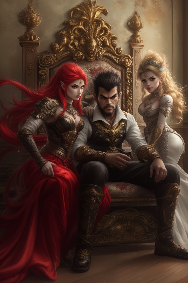 In a classic bedroom setting, three individuals gather around a beautifully crafted wooden chair with ornate cushions. At its center, a young man with dark skin and a chin strap beard sits confidently, his short black hair styled in a modern 7-cut, contrasting his energetic demeanor. To his left, Erza Scarlet from Fairy Tail poses elegantly, her long red locks flowing down her back as she wears an elaborate outfit with lightweight armor accentuating her strength and poise. On his right, Lucy Heartfilia from Fairy Tail stands out in a fitted dress with elegant details, her long blonde hair cascading down her back. The rustic beige wall, worn smooth by time, harmonizes with the wooden floor, creating a cozy atmosphere.