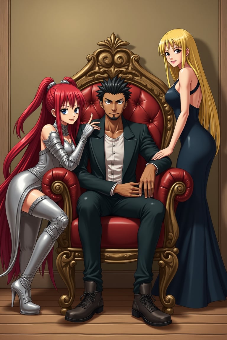 In a classic bedroom setting, three individuals gather around a beautifully crafted wooden chair with ornate cushions. At its center, a young man with dark skin and a chin strap beard sits confidently, his short black hair styled in a modern 7-cut, contrasting his energetic demeanor. To his left, Erza Scarlet from Fairy Tail poses elegantly, her long red locks flowing down her back as she wears an elaborate outfit with lightweight armor accentuating her strength and poise. On his right, Lucy Heartfilia from Fairy Tail stands out in a fitted dress with elegant details, her long blonde hair cascading down her back. The rustic beige wall, worn smooth by time, harmonizes with the wooden floor, creating a cozy atmosphere.