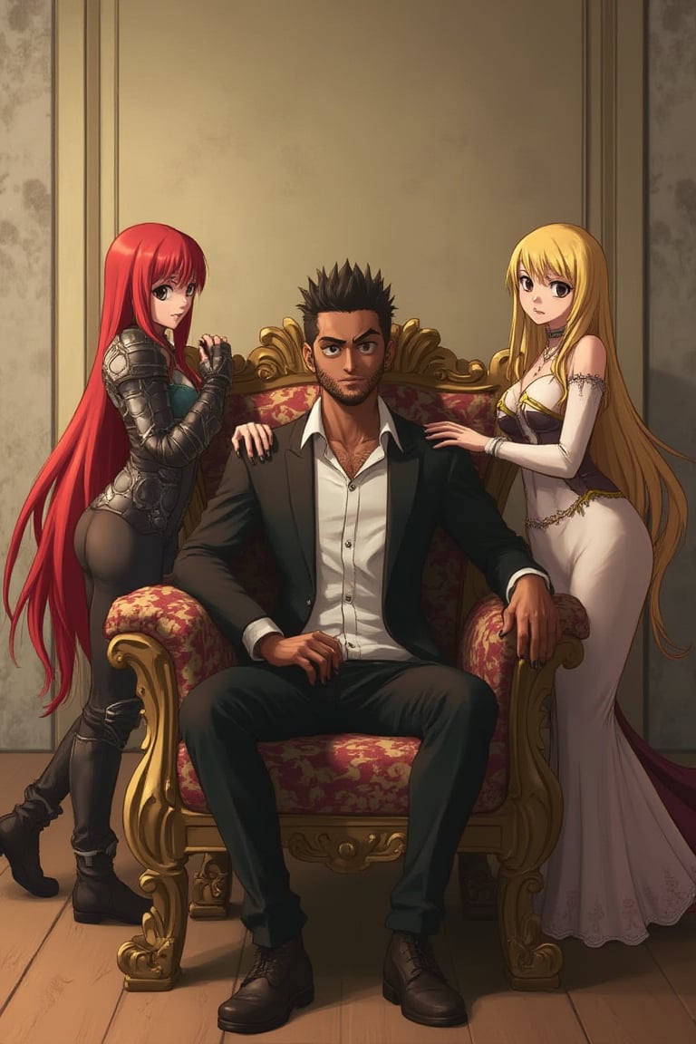 In a classic bedroom setting, three individuals gather around a beautifully crafted wooden chair with ornate cushions. At its center, a young man with dark skin and a chin strap beard sits confidently, his short black hair styled in a modern 7-cut, contrasting his energetic demeanor. To his left, Erza Scarlet from Fairy Tail poses elegantly, her long red locks flowing down her back as she wears an elaborate outfit with lightweight armor accentuating her strength and poise. On his right, Lucy Heartfilia from Fairy Tail stands out in a fitted dress with elegant details, her long blonde hair cascading down her back. The rustic beige wall, worn smooth by time, harmonizes with the wooden floor, creating a cozy atmosphere.