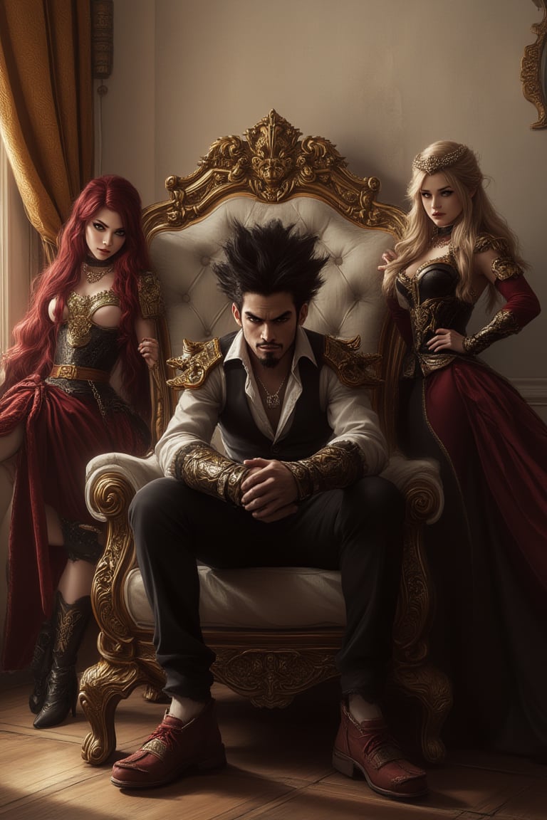 In a classic bedroom setting, three individuals gather around a beautifully crafted wooden chair with ornate cushions. At its center, a young man with dark skin and a chin strap beard sits confidently, his short black hair styled in a modern 7-cut, contrasting his energetic demeanor. To his left, Erza Scarlet from Fairy Tail poses elegantly, her long red locks flowing down her back as she wears an elaborate outfit with lightweight armor accentuating her strength and poise. On his right, Lucy Heartfilia from Fairy Tail stands out in a fitted dress with elegant details, her long blonde hair cascading down her back. The rustic beige wall, worn smooth by time, harmonizes with the wooden floor, creating a cozy atmosphere.