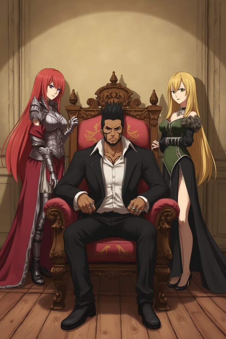 In a classic bedroom setting, three individuals gather around a beautifully crafted wooden chair with ornate cushions. At its center, a young man with dark skin and a chin strap beard sits confidently, his short black hair styled in a modern 7-cut, contrasting his energetic demeanor. To his left, Erza Scarlet from Fairy Tail poses elegantly, her long red locks flowing down her back as she wears an elaborate outfit with lightweight armor accentuating her strength and poise. On his right, Lucy Heartfilia from Fairy Tail stands out in a fitted dress with elegant details, her long blonde hair cascading down her back. The rustic beige wall, worn smooth by time, harmonizes with the wooden floor, creating a cozy atmosphere.