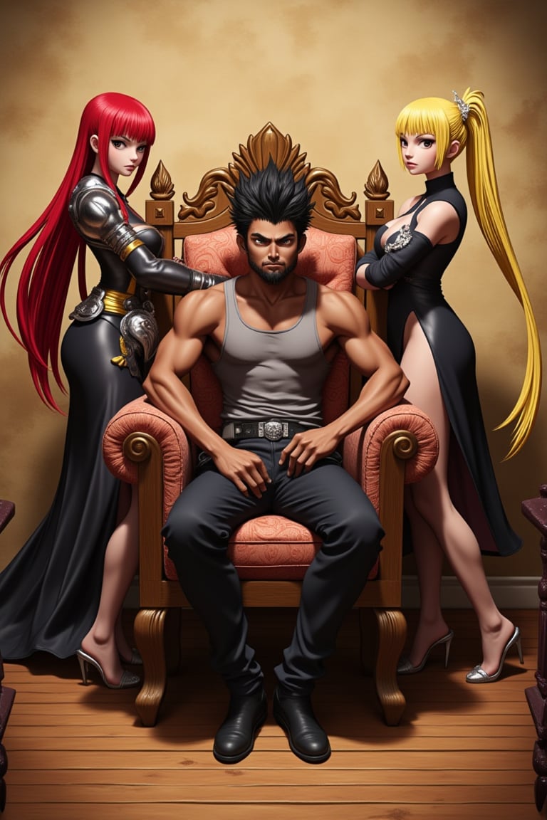 In a classic bedroom setting, three individuals gather around a beautifully crafted wooden chair with ornate cushions. At its center, a young man with dark skin and a chin strap beard sits confidently, his short black hair styled in a modern 7-cut, contrasting his energetic demeanor. To his left, Erza Scarlet from Fairy Tail poses elegantly, her long red locks flowing down her back as she wears an elaborate outfit with lightweight armor accentuating her strength and poise. On his right, Lucy Heartfilia from Fairy Tail stands out in a fitted dress with elegant details, her long blonde hair cascading down her back. The rustic beige wall, worn smooth by time, harmonizes with the wooden floor, creating a cozy atmosphere.