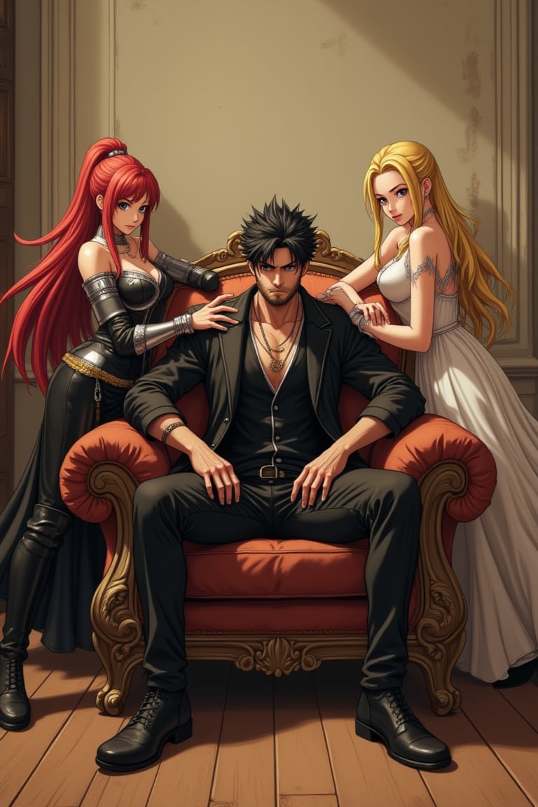 In a classic bedroom setting, three individuals gather around a beautifully crafted wooden chair with ornate cushions. At its center, a young man with dark skin and a chin strap beard sits confidently, his short black hair styled in a modern 7-cut, contrasting his energetic demeanor. To his left, Erza Scarlet from Fairy Tail poses elegantly, her long red locks flowing down her back as she wears an elaborate outfit with lightweight armor accentuating her strength and poise. On his right, Lucy Heartfilia from Fairy Tail stands out in a fitted dress with elegant details, her long blonde hair cascading down her back. The rustic beige wall, worn smooth by time, harmonizes with the wooden floor, creating a cozy atmosphere.