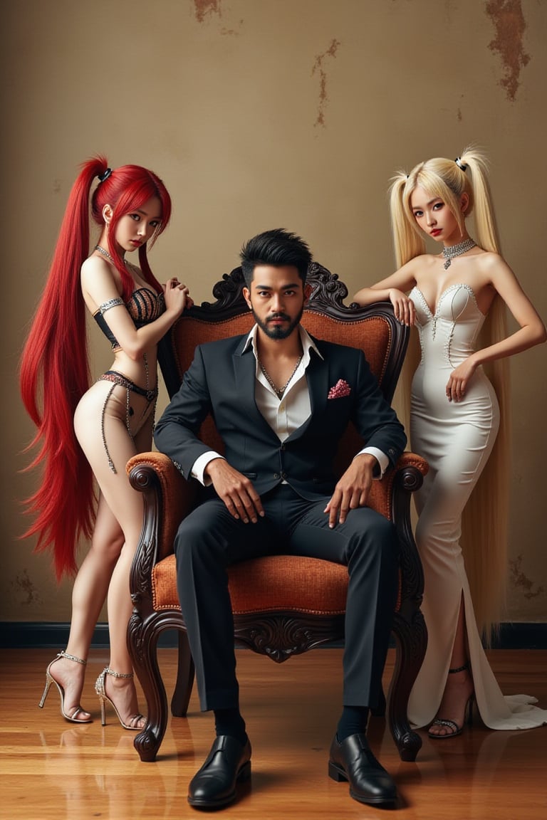 In a classic bedroom setting, three individuals gather around a beautifully crafted wooden chair with ornate cushions. At its center, a young man with dark skin and a chin strap beard sits confidently, his short black hair styled in a modern 7-cut, contrasting his energetic demeanor. To his left, Erza Scarlet from Fairy Tail poses elegantly, her long red locks flowing down her back as she wears an elaborate outfit with lightweight armor accentuating her strength and poise. On his right, Lucy Heartfilia from Fairy Tail stands out in a fitted dress with elegant details, her long blonde hair cascading down her back. The rustic beige wall, worn smooth by time, harmonizes with the wooden floor, creating a cozy atmosphere.