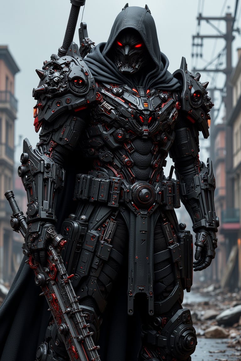 A dark , imposing figure clad in a black, hooded cloak stands in a dystopian urban environment, (((wielding an enormous, highly detailed mechanical massive chainsaw-like sword with red accents covered in intricate mechanical parts, gears, and spikes, giving it a menacing appearance))). (((The figure's face is obscured by the hood))), adding to the mysterious and intimidating presence. The background features dilapidated buildings and power lines, under a gray, overcast sky, enhancing the bleak and industrial atmosphere of the scene. The overall image exudes a sense of power, danger, and post-apocalyptic readiness. ultra-realistic, ultra-detailed,
,F-GVA Armour Suit