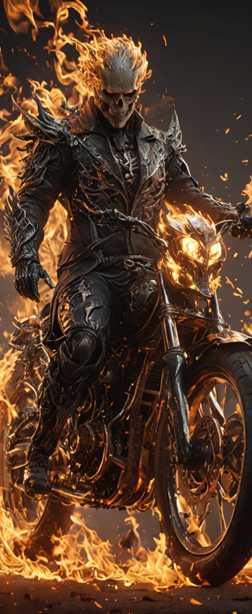 (extremely detailed 8k wallpaper), a medium full body photo of  ghost rider , intricate, highly detailed, dramatic,in his ghost rider costume, riding his flaming bike
