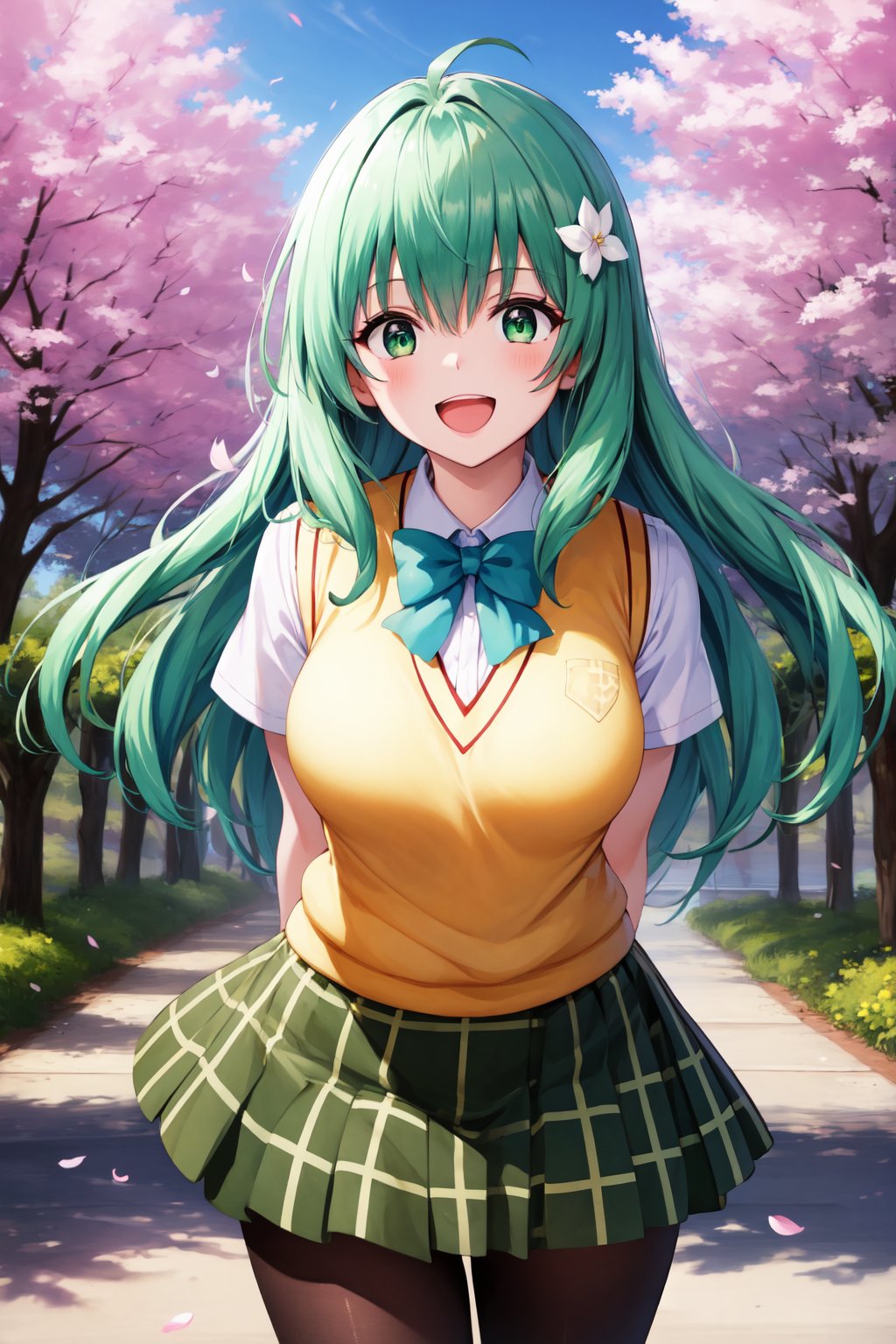 masterpiece, best quality, highres, aalala, long hair, ahoge, hair ornament, green eyes, breasts, school uniform, green bowtie, collared shirt, white shirt, sweater vest, yellow vest, short sleeves, plaid skirt, green skirt, , arms behind back, leaning forward, standing, outdoors, smile, open mouth, cherry blossoms, black tighhighs, pantyhose