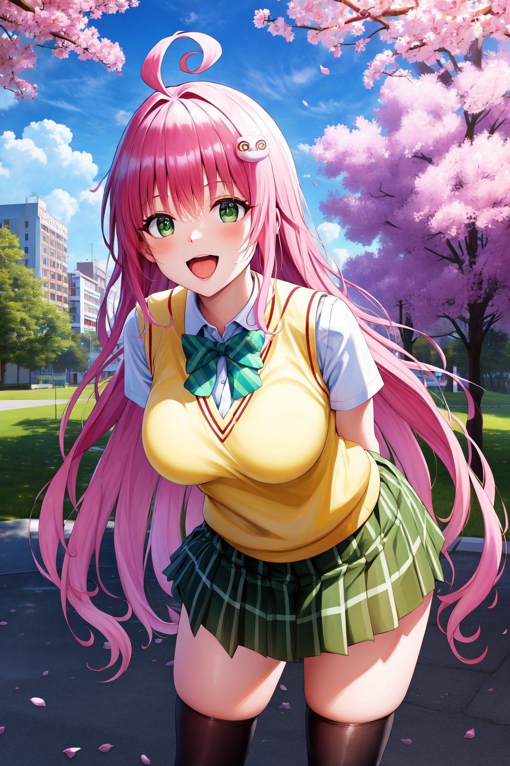 masterpiece, best quality, highres, aalala, long hair, ahoge, hair ornament, green eyes, breasts, school uniform, green bowtie, collared shirt, white shirt, sweater vest, yellow vest, short sleeves, plaid skirt, green skirt, , arms behind back, leaning forward, standing, outdoors, smile, open mouth, cherry blossoms, black tighhighs