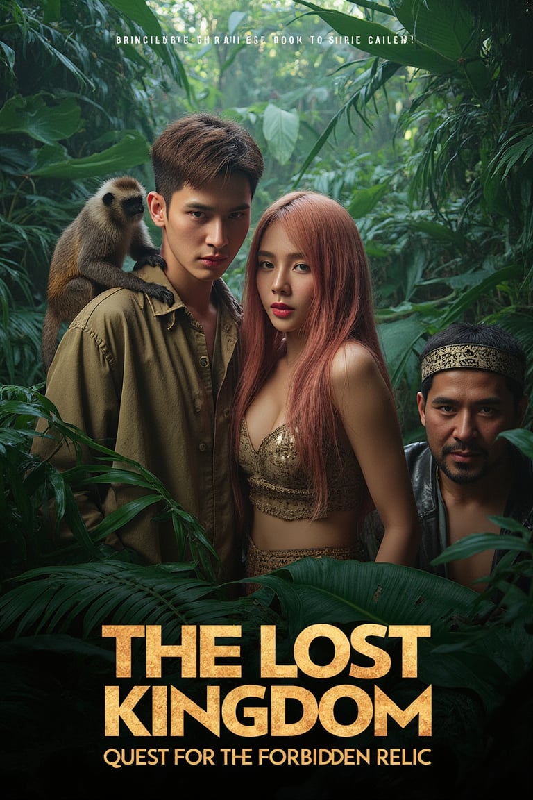 masterpiece,best quality, extremely detailed 8k,8k resolution,exquisite facial features,prefect face, A highly detailed and ultra-realistic 8K movie poster titled ‘The Lost Kingdom: Quest for the Forbidden Relic,’ set in a thrilling, mysterious adventure style inspired by classic jungle exploration films. The scene vividly captures a rugged and lush jungle environment with photorealistic details, including ancient ruins and hidden dangers lurking in the dense foliage. At the center of the poster are the main characters: a handsome male lead with bronze hair and white skin, featuring sharp, attractive features reminiscent of a Korean movie star, with a strong jawline, captivating eyes, and a confident yet charming expression. He is dressed in stylish adventure gear with lifelike textures, and his loyal pygmy monkey, rendered in stunning detail, perches on his shoulder, adding a touch of wild charm. Beside him is the beautiful female lead with pink hair and fair skin, with a face that is breathtakingly stunning like a top Korean actress. She has delicate yet striking features, including big, expressive eyes, a flawless complexion, and an alluring smile. She is dressed in a daring, form-fitting adventure outfit that highlights her confident and adventurous spirit, exuding a mix of fierceness and allure. Supporting characters include a menacing villain in dark attire with a sinister gaze, a wise elder with intricate tribal tattoos and an air of mystery, and a comedic sidekick in authentic explorer gear, adding a touch of humor. The lighting is dramatic, casting dynamic shadows that highlight the characters and the jungle’s hidden threats, with rich, vivid colors emphasizing the sense of adventure. The title ‘The Lost Kingdom: Quest for the Forbidden Relic’ is boldly placed at the bottom in a stylized, adventure-themed font. Below the title, the caption reads: ‘Embark on the ultimate adventure into the heart of a mysterious land where danger and wonder collide. Only the brave can uncover the secrets of the Lost Kingdom.’ The entire composition is designed to be as sharp, detailed, and realistic as possible, capturing the audience’s attention with an immersive 8K cinematic quality.