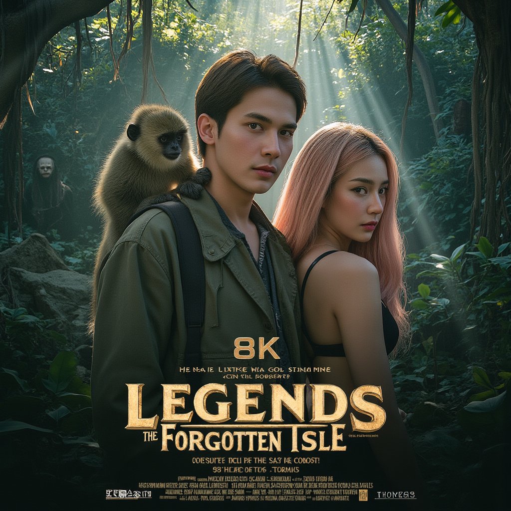 masterpiece,best quality, extremely detailed 8k,8k resolution,exquisite facial features,prefect face, A highly detailed and ultra-realistic 8K movie poster titled ‘Legends of the Forgotten Isle.’ The scene captures a dangerous, mysterious deserted island with ancient ruins, dense jungle, and scattered skulls hinting at past perils. At the center are the leads: a handsome Korean-style male adventurer with bronze hair and a confident look, dressed in rugged survival gear with his pygmy monkey perched on his shoulder. Beside him stands a stunning Korean-style female with pink hair, dressed in a practical yet daring outfit, exuding both beauty and strength. The background features a menacing antagonist and a wise elder with tribal tattoos. The title ‘Legends of the Forgotten Isle’ is at the bottom, with the caption: ‘Stranded on a forgotten island, uncover its secrets or face its wrath.’ The poster is sharp, detailed, and immersively cinematic.