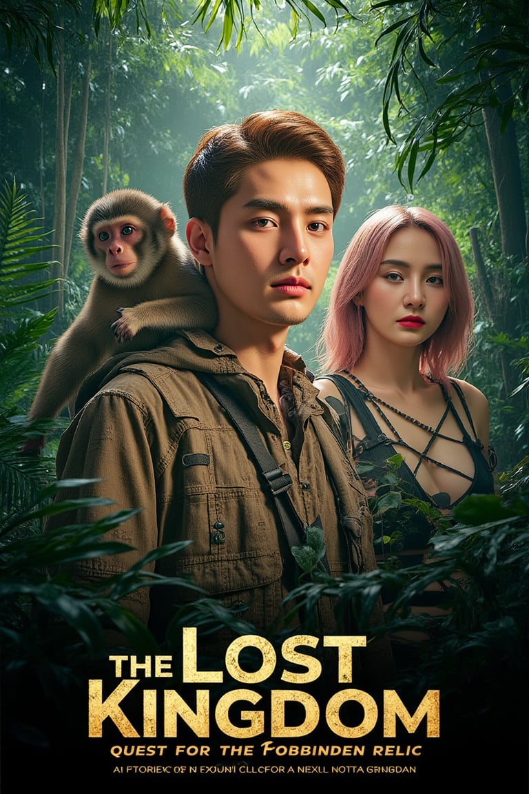 masterpiece,best quality, extremely detailed 8k,8k resolution,exquisite facial features,prefect face, A highly detailed and ultra-realistic 8K movie poster titled ‘The Lost Kingdom: Quest for the Forbidden Relic,’ set in a thrilling, mysterious adventure style inspired by classic jungle exploration films. The scene vividly captures a rugged and lush jungle environment with photorealistic details, including ancient ruins and hidden dangers lurking in the dense foliage. At the center of the poster are the main characters: a handsome male lead with bronze hair and white skin, featuring sharp, attractive features reminiscent of a Korean movie star, with a strong jawline, captivating eyes, and a confident yet charming expression. He is dressed in stylish adventure gear with lifelike textures, and his loyal pygmy monkey, rendered in stunning detail, perches on his shoulder, adding a touch of wild charm. Beside him is the beautiful female lead with pink hair and fair skin, with a face that is breathtakingly stunning like a top Korean actress. She has delicate yet striking features, including big, expressive eyes, a flawless complexion, and an alluring smile. She is dressed in a daring, form-fitting adventure outfit that highlights her confident and adventurous spirit, exuding a mix of fierceness and allure. Supporting characters include a menacing villain in dark attire with a sinister gaze, a wise elder with intricate tribal tattoos and an air of mystery, and a comedic sidekick in authentic explorer gear, adding a touch of humor. The lighting is dramatic, casting dynamic shadows that highlight the characters and the jungle’s hidden threats, with rich, vivid colors emphasizing the sense of adventure. The title ‘The Lost Kingdom: Quest for the Forbidden Relic’ is boldly placed at the bottom in a stylized, adventure-themed font. Below the title, the caption reads: ‘Embark on the ultimate adventure into the heart of a mysterious land where danger and wonder collide. Only the brave can uncover the secrets of the Lost Kingdom.’ The entire composition is designed to be as sharp, detailed, and realistic as possible, capturing the audience’s attention with an immersive 8K cinematic quality.