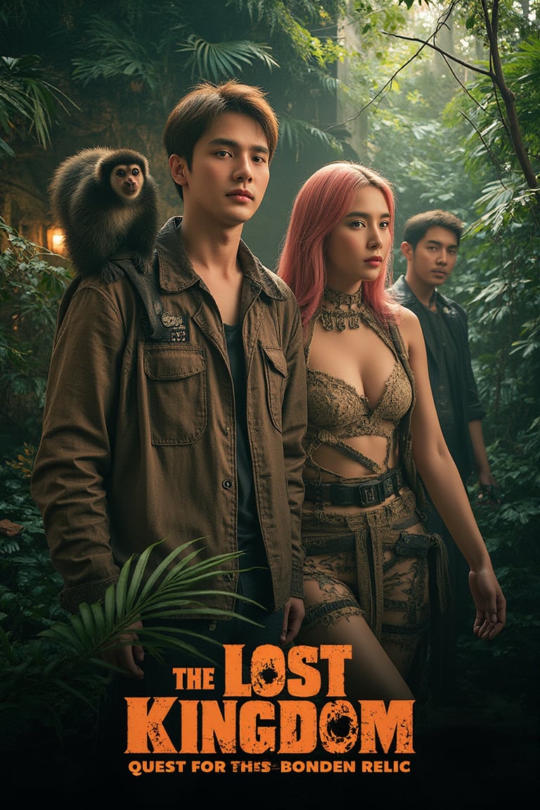 masterpiece,best quality, extremely detailed 8k,8k resolution,exquisite facial features,prefect face, A highly detailed and ultra-realistic 8K movie poster titled ‘The Lost Kingdom: Quest for the Forbidden Relic,’ set in a thrilling, mysterious adventure style inspired by classic jungle exploration films. The scene vividly captures a rugged and lush jungle environment with photorealistic details, including ancient ruins and hidden dangers lurking in the dense foliage. At the center of the poster are the main characters: a handsome male lead with bronze hair and white skin, featuring sharp, attractive features reminiscent of a Korean movie star, with a strong jawline, captivating eyes, and a confident yet charming expression. He is dressed in stylish adventure gear with lifelike textures, and his loyal pygmy monkey, rendered in stunning detail, perches on his shoulder, adding a touch of wild charm. Beside him is the beautiful female lead with pink hair and fair skin, with a face that is breathtakingly stunning like a top Korean actress. She has delicate yet striking features, including big, expressive eyes, a flawless complexion, and an alluring smile. She is dressed in a daring, form-fitting adventure outfit that highlights her confident and adventurous spirit, exuding a mix of fierceness and allure. Supporting characters include a menacing villain in dark attire with a sinister gaze, a wise elder with intricate tribal tattoos and an air of mystery, and a comedic sidekick in authentic explorer gear, adding a touch of humor. The lighting is dramatic, casting dynamic shadows that highlight the characters and the jungle’s hidden threats, with rich, vivid colors emphasizing the sense of adventure. The title ‘The Lost Kingdom: Quest for the Forbidden Relic’ is boldly placed at the bottom in a stylized, adventure-themed font. Below the title, the caption reads: ‘Embark on the ultimate adventure into the heart of a mysterious land where danger and wonder collide. Only the brave can uncover the secrets of the Lost Kingdom.’ The entire composition is designed to be as sharp, detailed, and realistic as possible, capturing the audience’s attention with an immersive 8K cinematic quality.