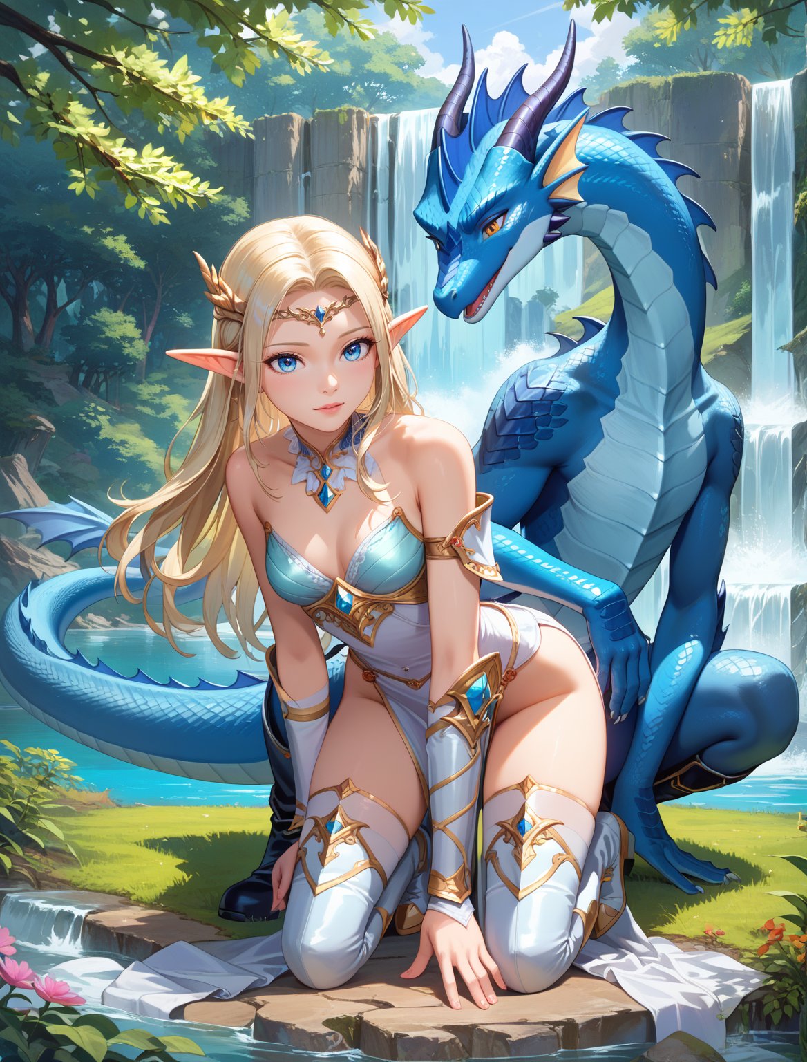 score_9, score_8_up, score_7_up, source_anime, sharp_details, high resolution, 4k, masterpiece, (Big beautiful eyes), 1 girl, petite body, slim, long blonde hair, beautiful elf warrior, (short pointy ears), ((elegant pale blue dragon scale armor)), ((thigh high pale blue dragon scale boots)), (elegant silver circlet), ((on one knee)), bending forward, (one hand on the ground), cautious, scouting, (beautiful nature scenery), forest, waterfall, cliffs, 