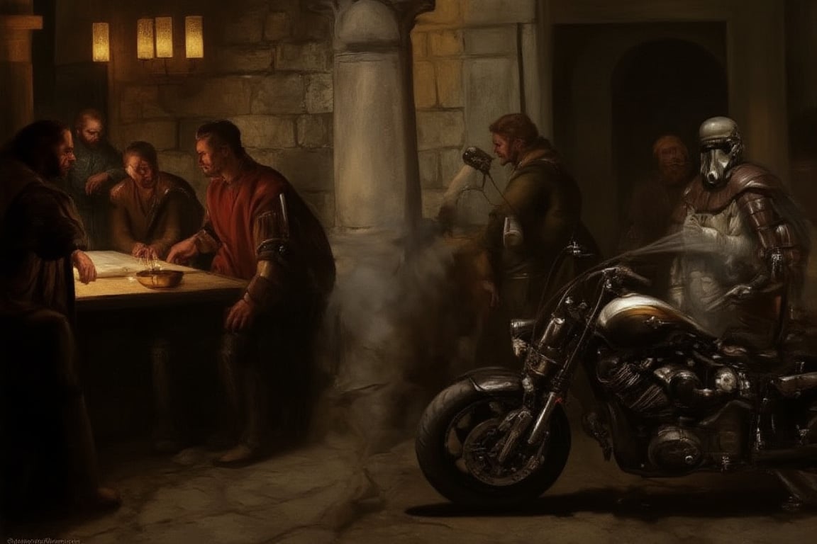 In a dimly lit, atmospheric tavern of ancient Greece, a group of citizens with chiseled features and hands as if carved by the gods gaze in awe at a time traveler from the future. The visitor, clad in biomechanical attire and a futuristic helmet, stands beside her modified Sportster motorcycle, its engine spewing condensed vapor into the air. Soft candlelight casts a warm glow on the scene, while the city's architecture rises majestically behind them.,cyborg,Perfect Architecture,ek_car_b00ster,oil-on-canvas style of classic painting,painting,ek_real_b00ster