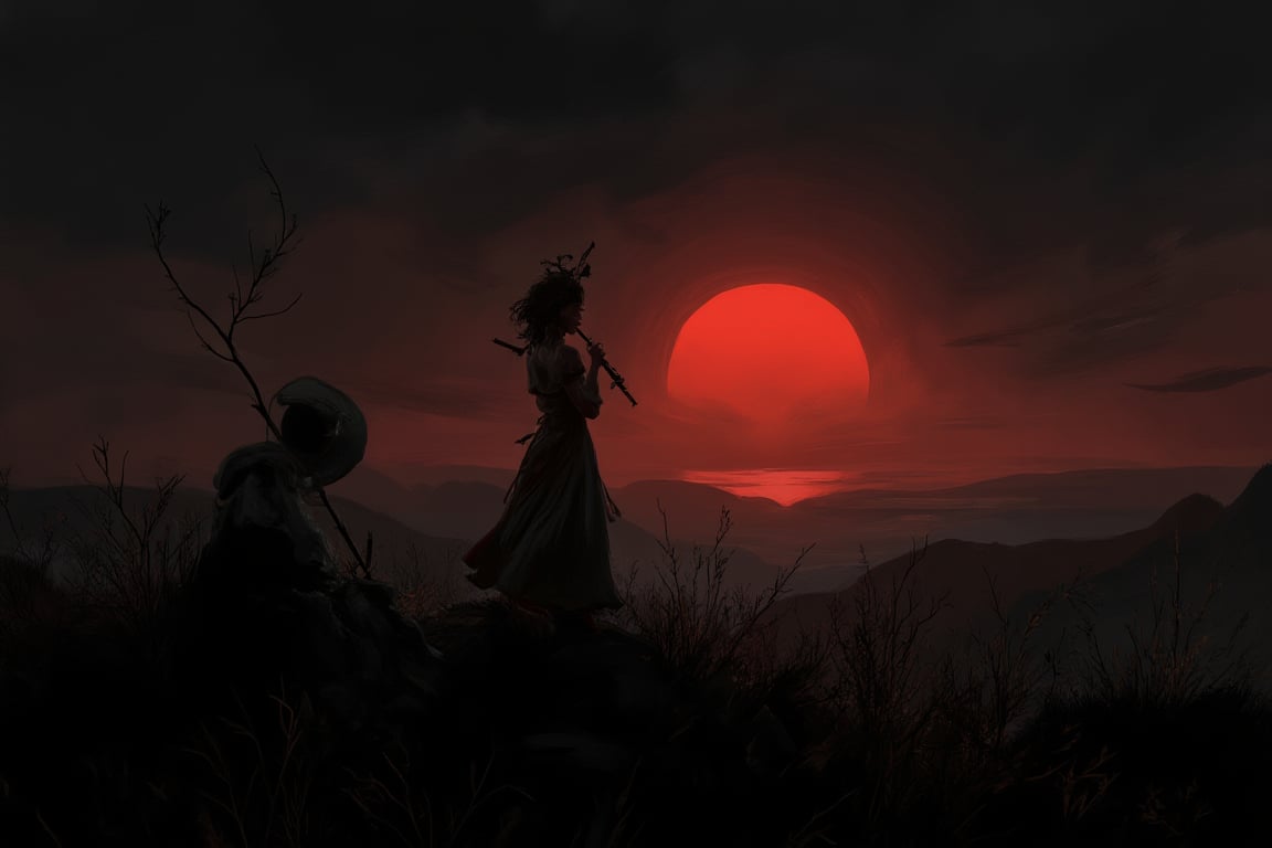 ilustracion, fantasia oscura, claroscuros, plano general, mujer sopla trompeta sobre una colina mientras sodtiene un estandarte de un sol negro, cielo tormentoso oscurecido, eclipse, horizonte rojizo