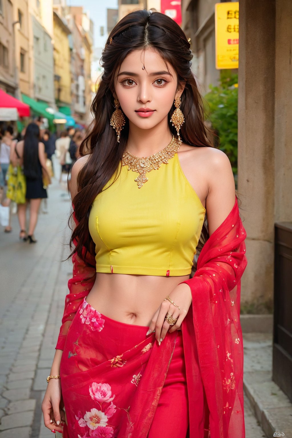 lovely cute young attractive teenage girl, village girl, 18 years old, cute, an Instagram model, long black_hair, colorful hair, winter, dacing, wear  yellow top half pant, public place music function, clean face,1girl, solo,dress, earrings, blurry, see-through, floral print, ring, realistic, @imageized