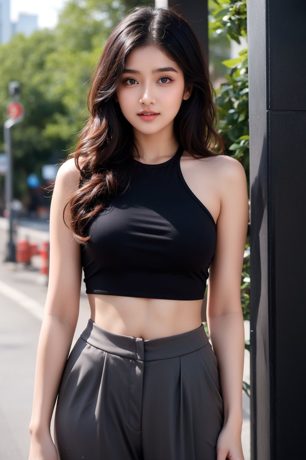 lovely cute young attractive teenage girl, village girl, 18 years old, cute, an Instagram model, long black_hair, colorful hair, winter, dacing, wear black short top and half pant, park public place and Full image, clean face