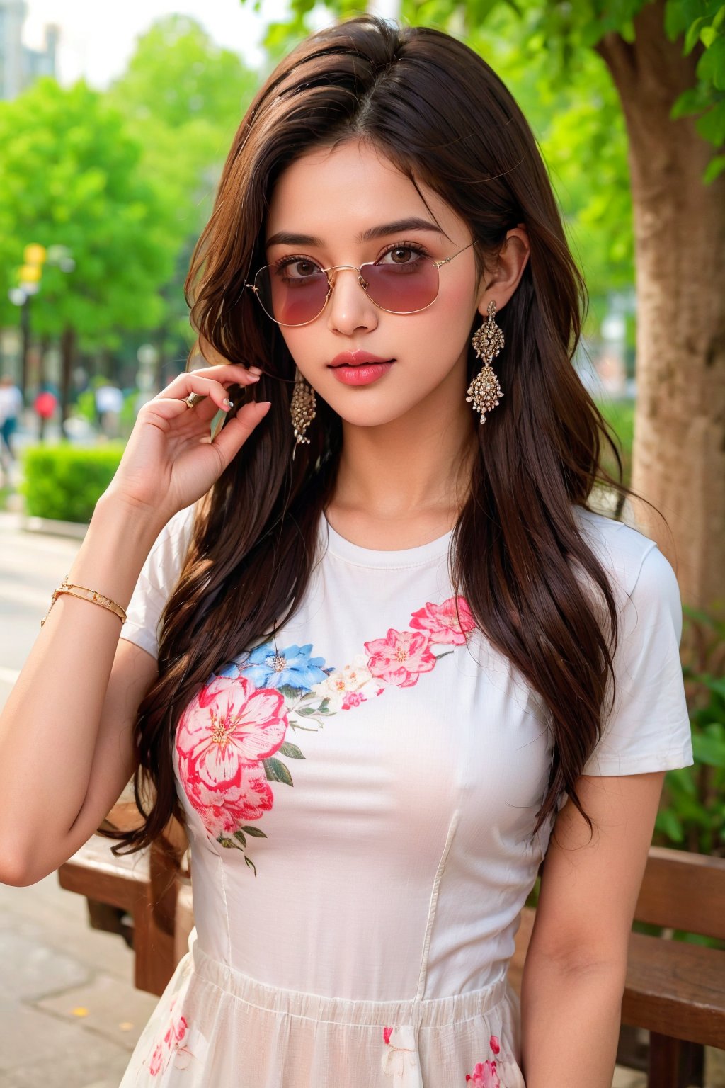 lovely cute young attractive teenage girl, village girl, 18 years old, cute, an Instagram model, long black_hair, colorful hair, winter, dacing, wear  white shot tshirt, sunglass, working in the park, clean face,1girl, solo,dress, earrings, blurry, see-through, floral print, ring, realistic, @imageized