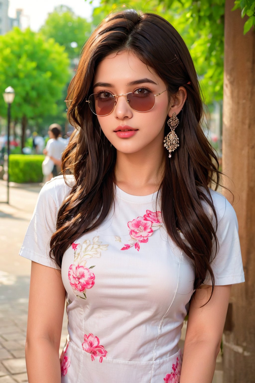 lovely cute young attractive teenage girl, village girl, 18 years old, cute, an Instagram model, long black_hair, colorful hair, winter, dacing, wear  white tshirt, sunglass, working in the park, clean face,1girl, solo,dress, earrings, blurry, see-through, floral print, ring, realistic, @imageized