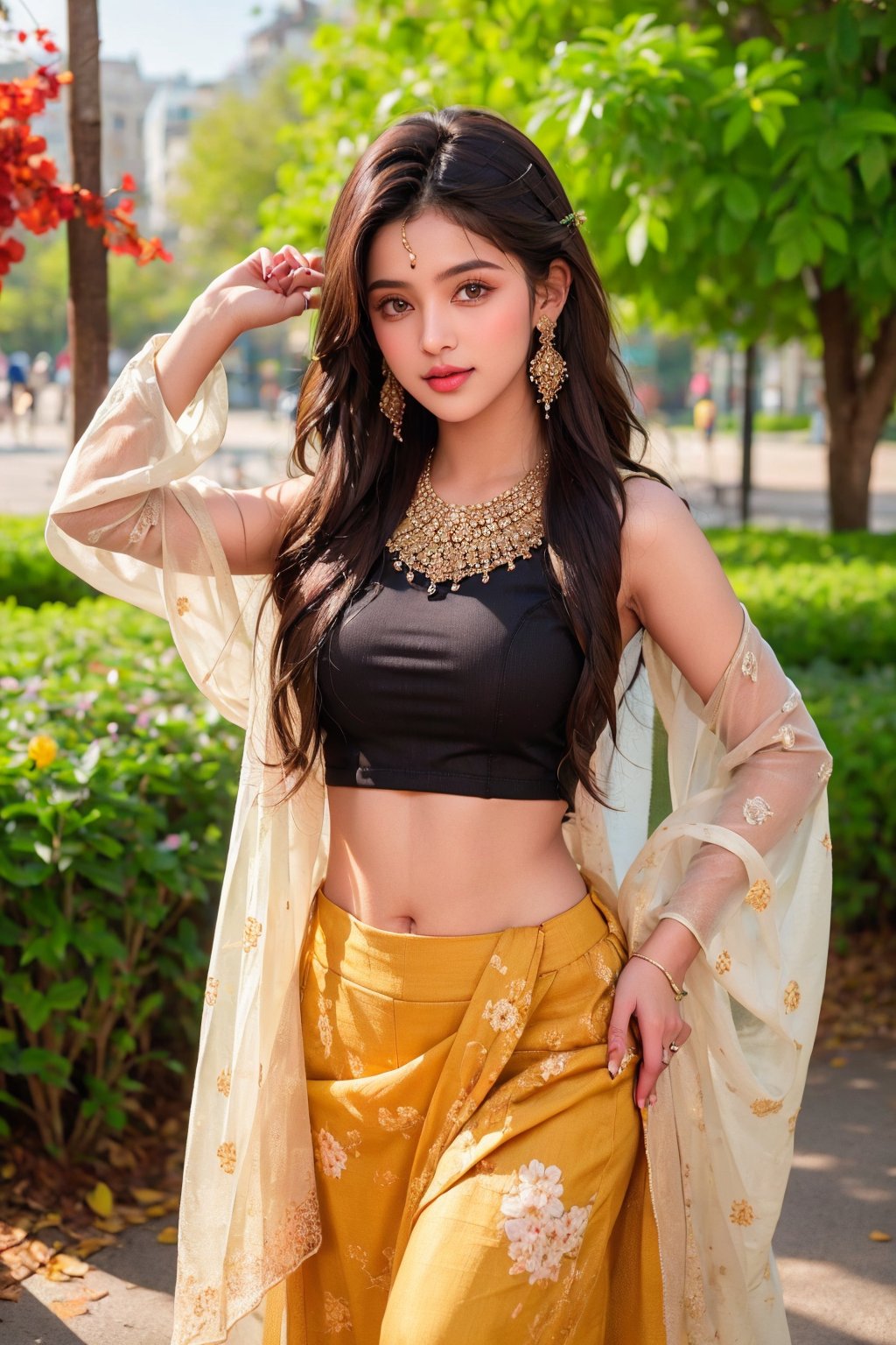 lovely cute young attractive teenage girl, village girl, 18 years old, cute, an Instagram model, long black_hair, colorful hair, winter, dacing, wear  yellow top half pant, warking in the park , clean face,1girl, solo,dress, earrings, blurry, see-through, floral print, ring, realistic, @imageized