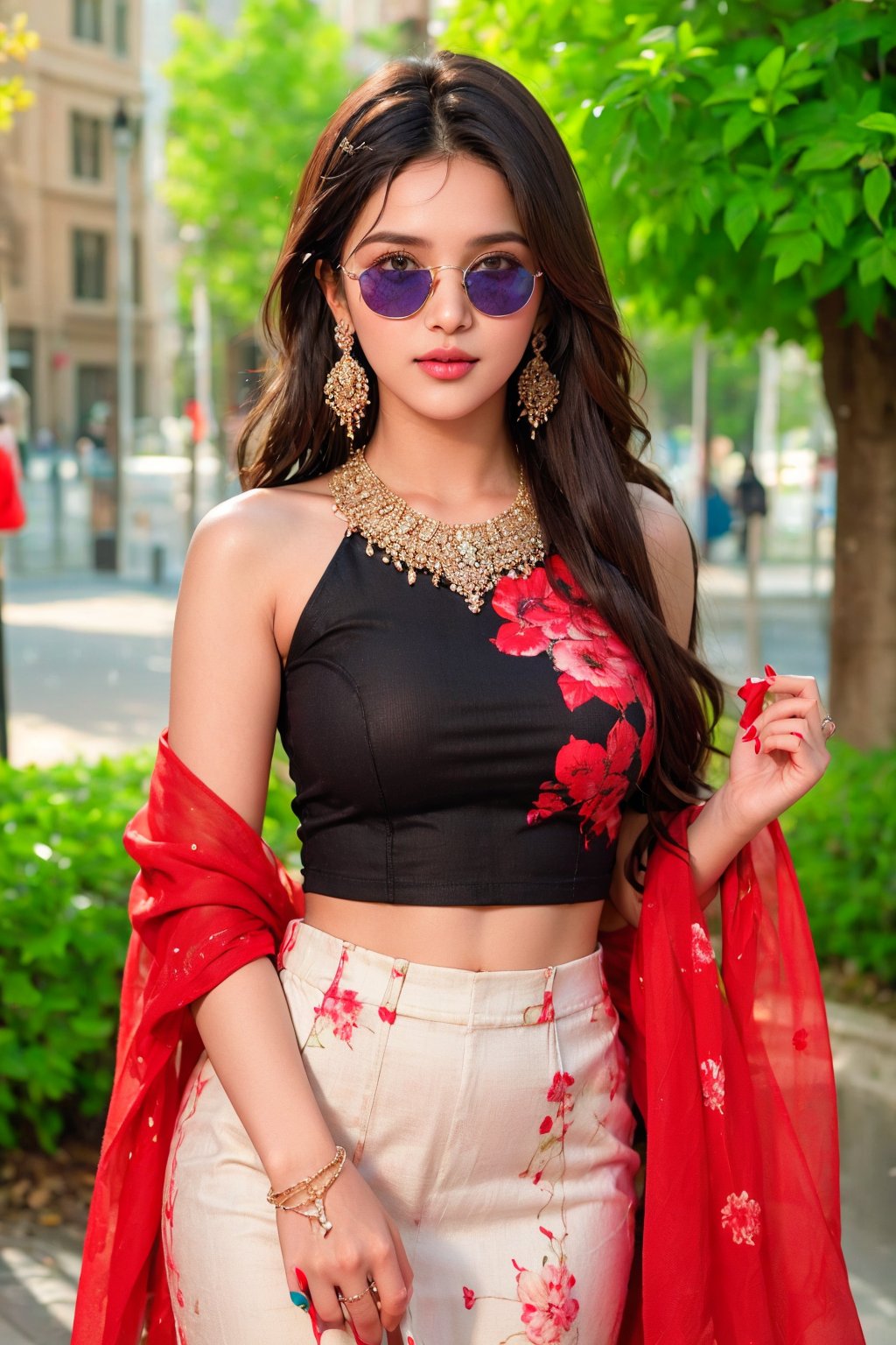 lovely cute young attractive teenage girl, village girl, 18 years old, cute, an Instagram model, long black_hair, colorful hair, winter, dacing, wear  red top, sunglass, working in the park, clean face,1girl, solo,dress, earrings, blurry, see-through, floral print, ring, realistic, @imageized