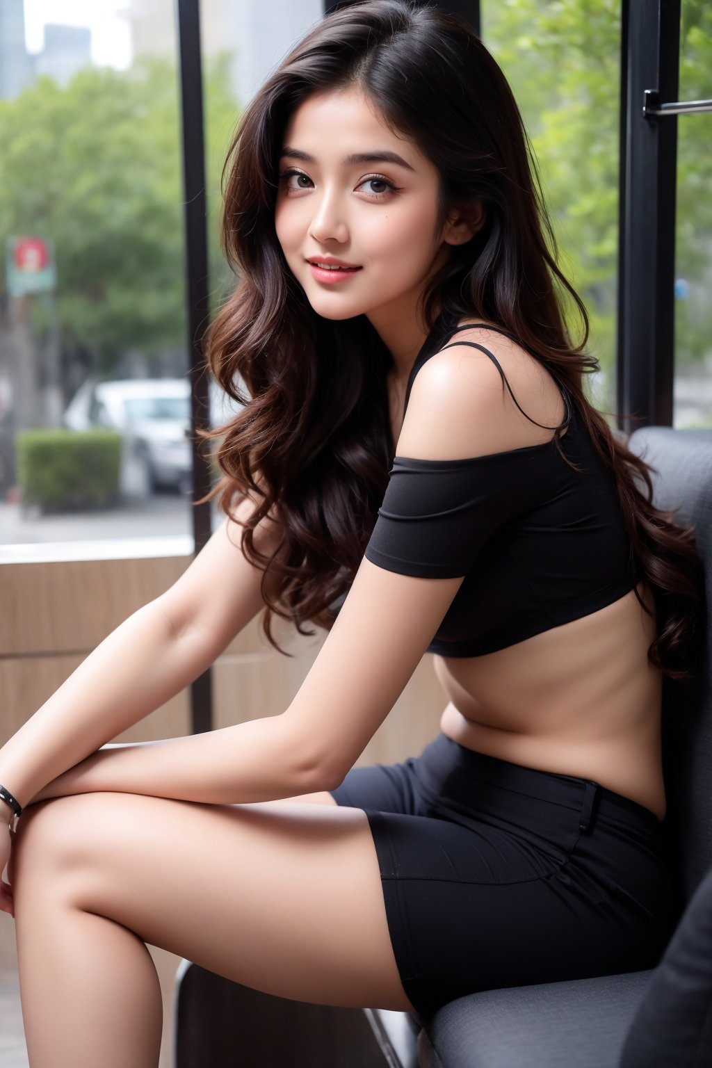 lovely cute young attractive teenage girl, village girl, 18 years old, cute, an Instagram model, long black_hair, colorful hair, winter, dacing, wear black short top and half pant, park in the sitting, clean face