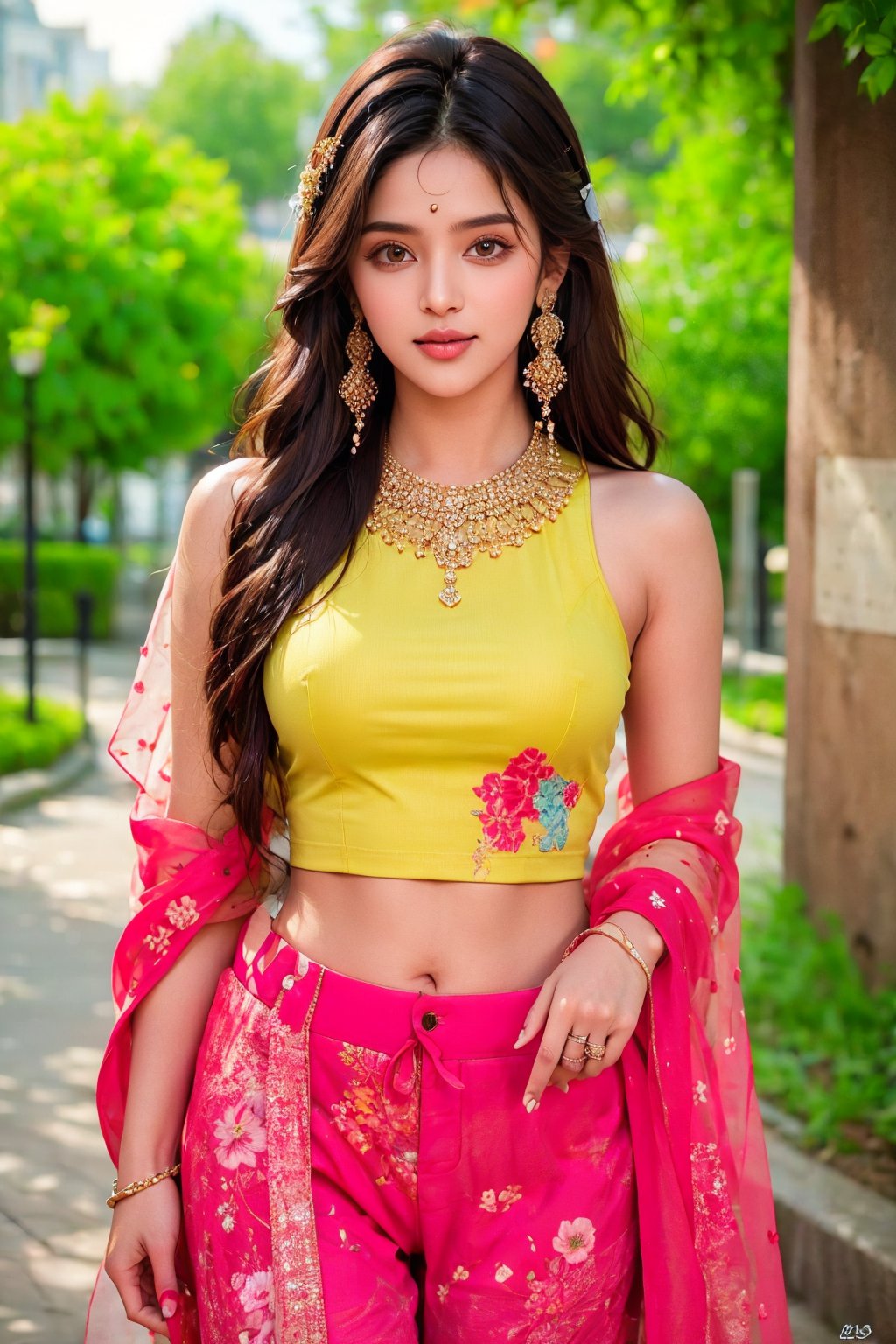 lovely cute young attractive teenage girl, village girl, 18 years old, cute, an Instagram model, long black_hair, colorful hair, winter, dacing, wear  yellow top half pant, warking in the park , clean face,1girl, solo,dress, earrings, blurry, see-through, floral print, ring, realistic, @imageized