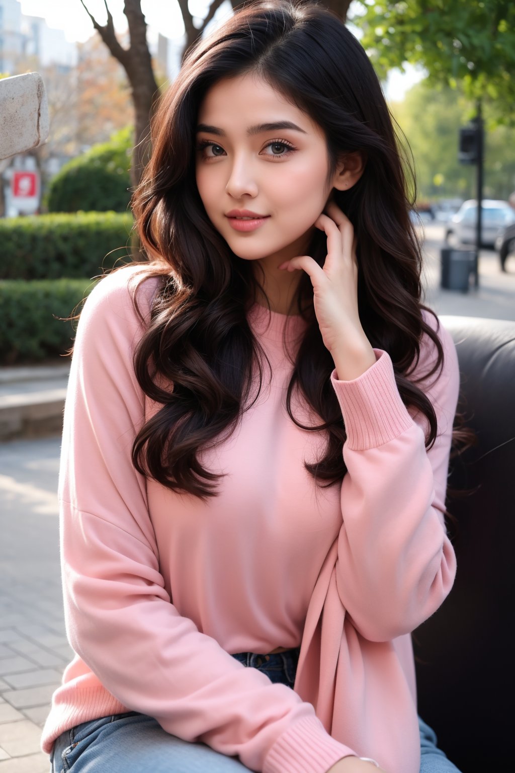 lovely cute young attractive teenage girl, village girl, 18 years old, cute, an Instagram model, long black_hair, colorful hair, winter, dacing, wear pink top, park in the sitting, clean face