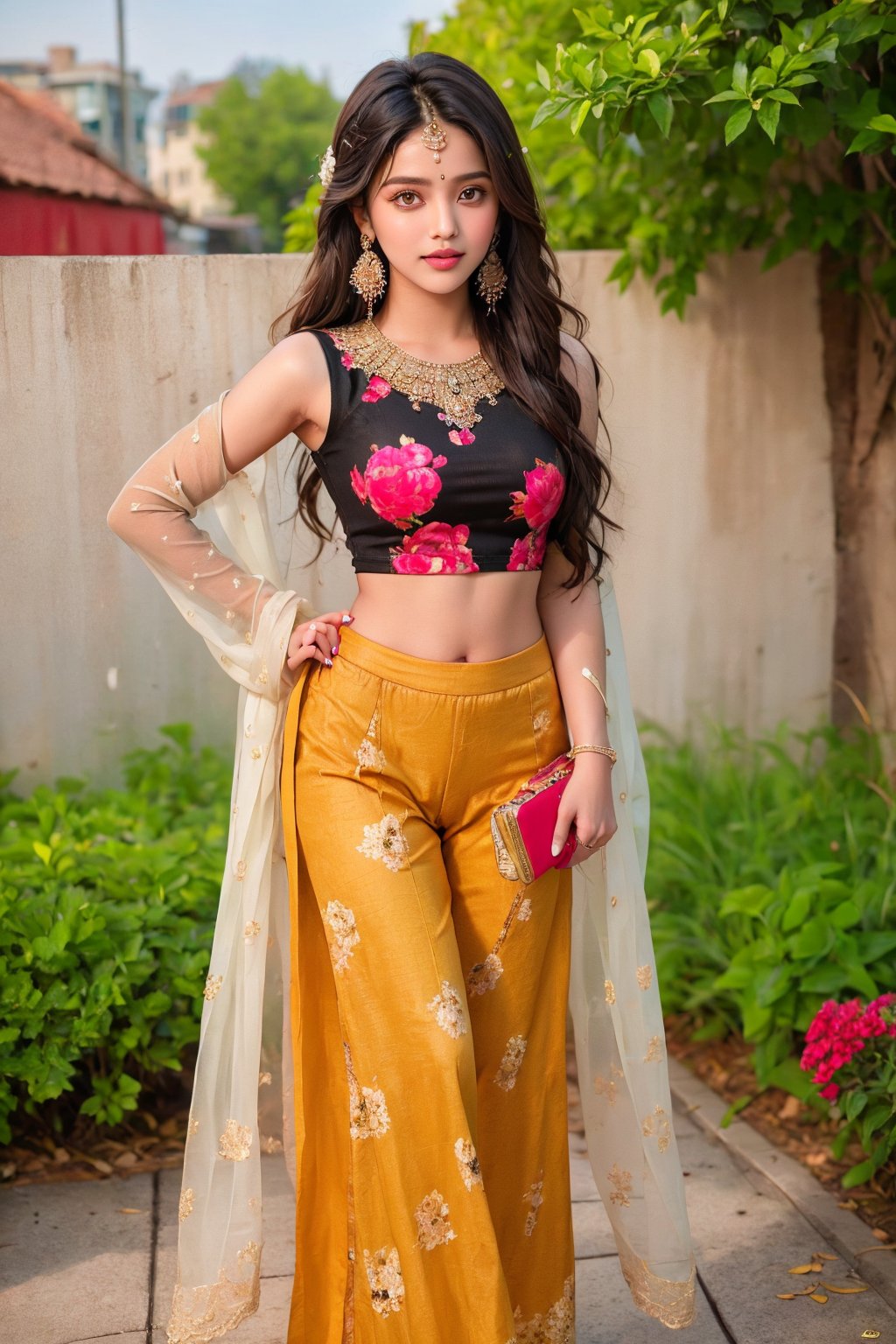 lovely cute young attractive teenage girl, village girl, 18 years old, cute, an Instagram model, long black_hair, colorful hair, winter, dacing, wear  yellow top half pant, public place function, clean face,1girl, solo,dress, earrings, blurry, see-through, floral print, ring, realistic, @imageized