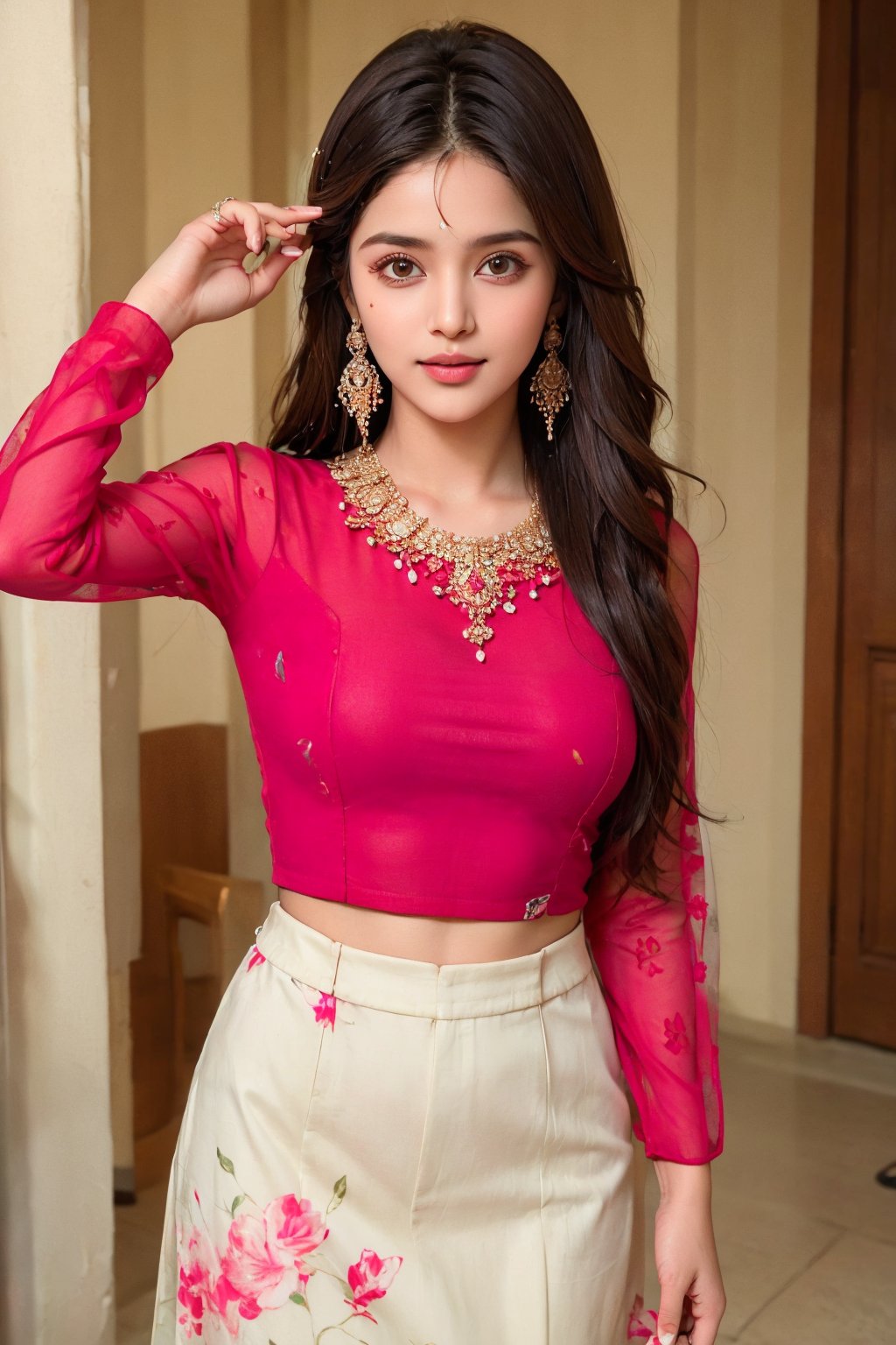 lovely cute young attractive teenage girl, village girl, 18 years old, cute, an Instagram model, long black_hair, colorful hair, winter, dacing, wear  red top, selfie in home, clean face,1girl, solo,dress, earrings, blurry, see-through, floral print, ring, realistic, @imageized