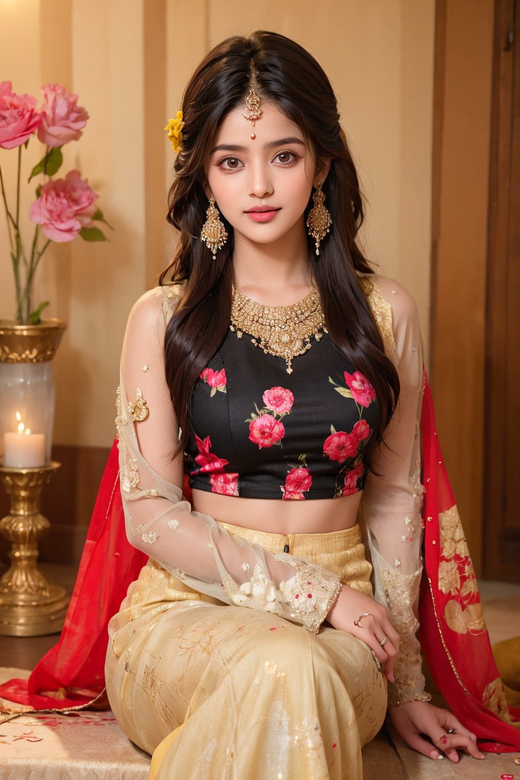 lovely cute young attractive teenage girl, village girl, 18 years old, cute, an Instagram model, long black_hair, colorful hair, winter, dacing, wear yellow top, sitting at puja room, clean face,1girl, solo,dress, earrings, blurry, see-through, floral print, ring, realistic, @imageized