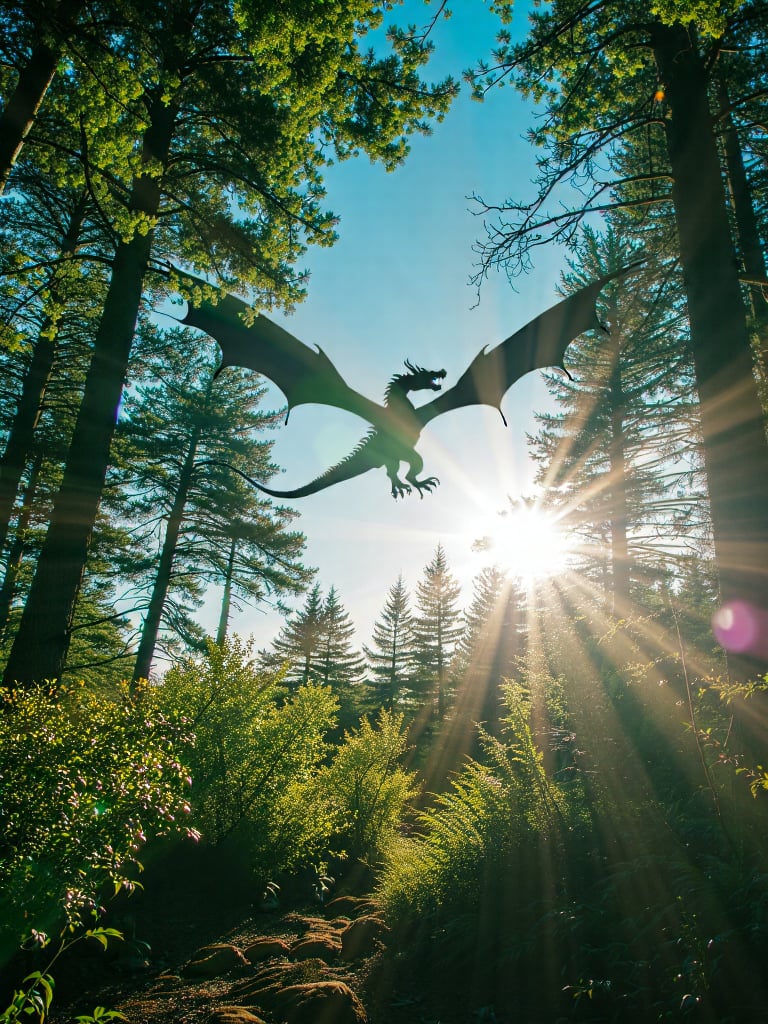 Capture a cinematic scene from a forest floor, looking up towards the sky as the morning sun rises low on the horizon. A majestic dragon's figure is silhouetted across the bright blue sky, its great wings spread wide, elegant, casting dramatic shadows over the radiant sun. The leaves of the towering trees below are illuminated by warm sunlight, casting dappled shadows on the forest floor. The dragon's wingtips intersect with the sun's rays in the upper corner of the frame, creating a striking visual contrast between light and darkness, as the score_9 and score_8_up harmonize in perfect synchrony.