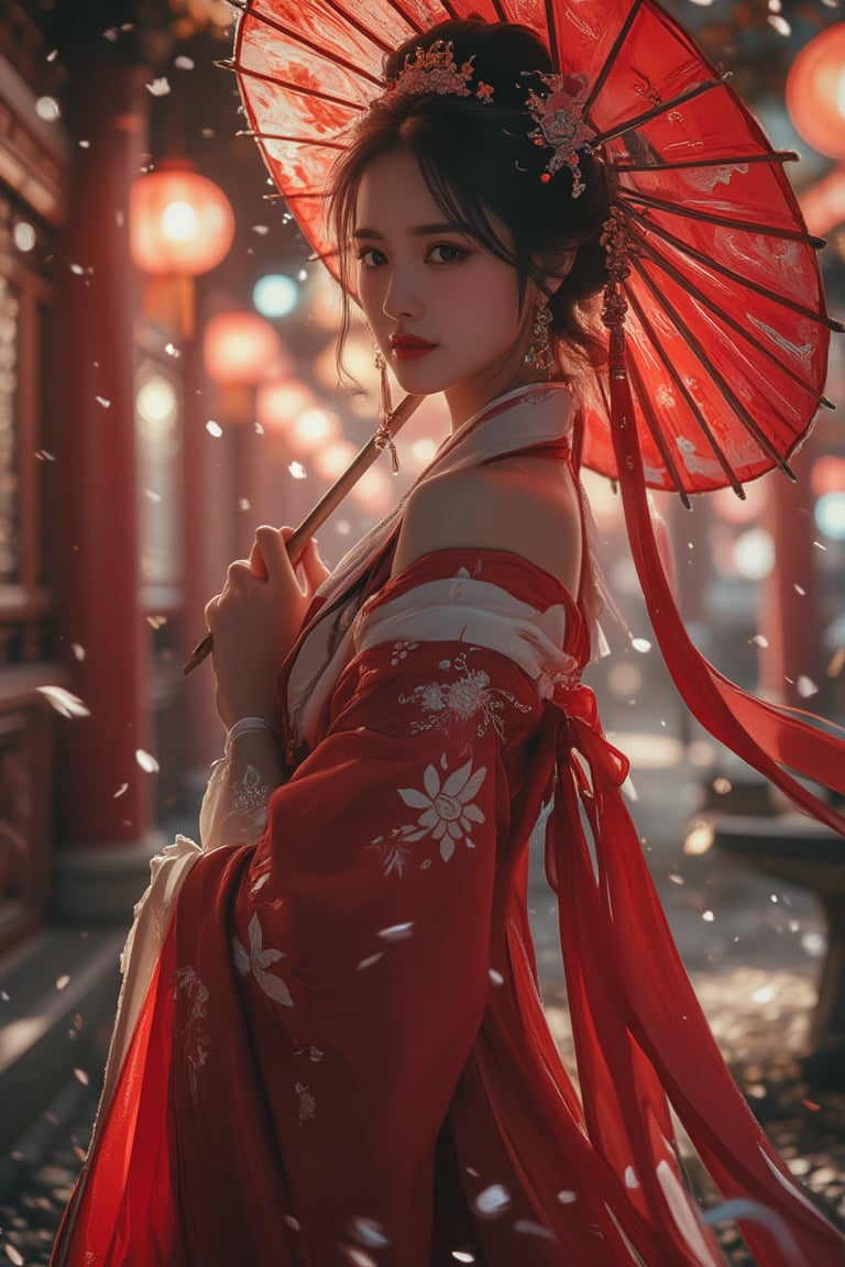 photorealism, (upper body), (portrait:1.2), KOLNB,Hanfu,Eroflo, a woman, beautiful face, red dress, japanese umbrella, bokeh, Chinese festival street, (nigh street:1.2), depth of field, columns, temple, lanterns.
Best quality, uhd, 8k, hyper detailed,Ahri