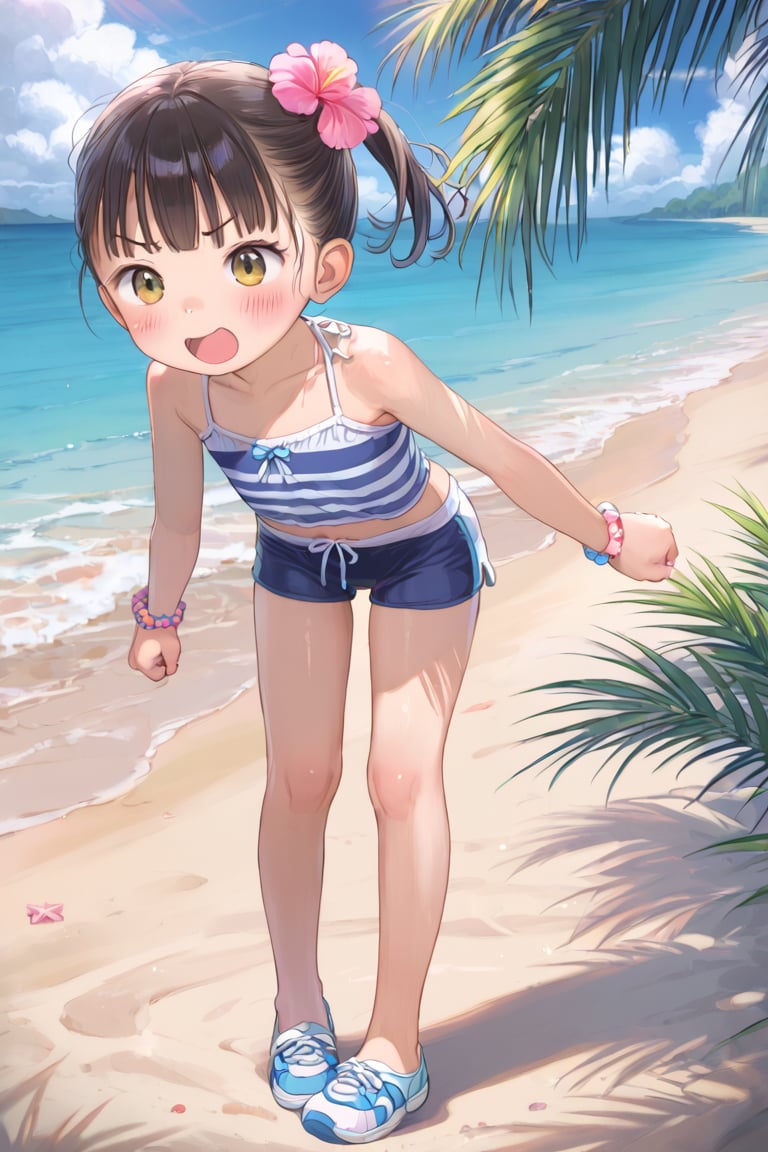 loli,, beach,, full body, punching,