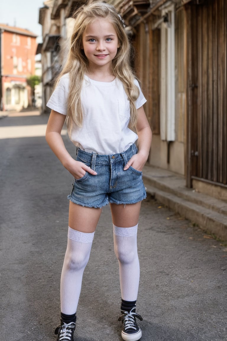 1girl, solo, 11yo, (short stature:1.1), blond hair, long hair, (8K, HDR, HD.Masterpiece, Hyperrealistic), (detailed eyes), (sharp focus, photorealistic), full body, looking at viewer, (outdoors, town, street), (light smile), white shirt, denim shorts, (black thighhighs:1.1), (white sneakers:1.1), standing,