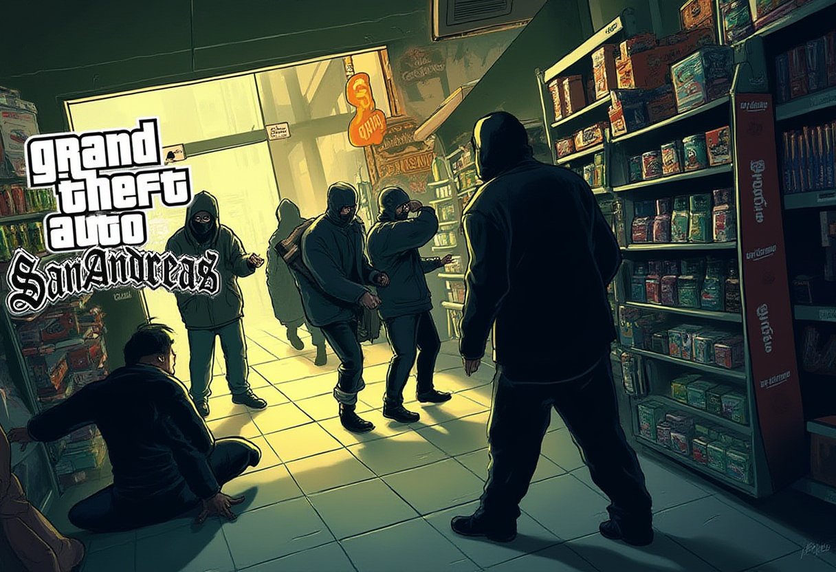 gtastyle,A stylized illustration of a character from Grand Theft Auto,shadow,San Andreas,poster text "'GRAND THEFT AUTO''SAN ANDREAS'" A tense scene unfolds inside a brightly lit convenience store as a group of masked robbers bursts through the entrance. Dressed in dark, hooded clothing, their faces obscured by various intimidating masks, they swiftly spread out, taking control of the space. One robber stands near the entrance, keeping watch, while two others move quickly through the aisles, shoving items into large bags. The cashier, frozen in fear, watches as another robber approaches the register, aggressively demanding cash. The atmosphere is filled with panic, as the robbers move with precision and haste, knowing their time is limited. Shelves of snacks and drinks create a stark contrast to the chaos of the robbery, adding a sense of normalcy to the otherwise dangerous situation