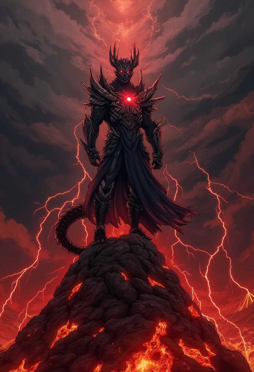 A powerful man stands on the edge of a volcanic mountain, his body encased in a suit of armor crafted from shimmering black dragon scales. His eyes blaze with fiery red light, mirroring the lava that bubbles beneath him. The sky is dark, filled with ominous clouds, and bolts of lightning crackle in the distance, as if responding to his presence,animestyle,aotstyle