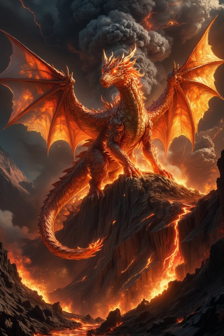 Create an image of a fierce fire dragon perched on the edge of a fiery volcano. The dragon is massive, with scales that shimmer in shades of red, orange, and gold, resembling molten lava. Its eyes glow with an intense yellow-orange light, filled with both intelligence and ferocity. The dragon's wings are enormous, with membranes that appear almost translucent, glowing with internal flames. It spreads its wings wide as if ready to take flight, with embers and smoke swirling around it.

The surrounding volcano is erupting, spewing lava and ash into the dark, smoke-filled sky. Rivers of molten lava flow down the rocky slopes, illuminating the scene with a hellish glow. The air is thick with smoke and ash, and occasional bursts of flame shoot out from cracks in the earth. Jagged rocks and volcanic debris litter the ground, adding to the sense of danger and desolation. The sky is dark and ominous, with flashes of lightning illuminating the thick plumes of smoke that billow from the volcano. The atmosphere is intense and dramatic, filled with heat, power, and the untamed fury of nature.