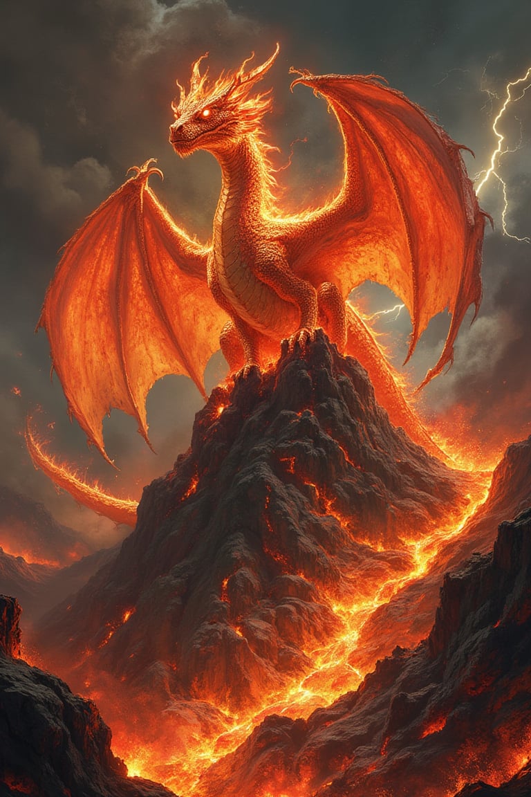 Create an image of a fierce fire dragon perched on the edge of a fiery volcano. The dragon is massive, with scales that shimmer in shades of red, orange, and gold, resembling molten lava. Its eyes glow with an intense yellow-orange light, filled with both intelligence and ferocity. The dragon's wings are enormous, with membranes that appear almost translucent, glowing with internal flames. It spreads its wings wide as if ready to take flight, with embers and smoke swirling around it.

The surrounding volcano is erupting, spewing lava and ash into the dark, smoke-filled sky. Rivers of molten lava flow down the rocky slopes, illuminating the scene with a hellish glow. The air is thick with smoke and ash, and occasional bursts of flame shoot out from cracks in the earth. Jagged rocks and volcanic debris litter the ground, adding to the sense of danger and desolation. The sky is dark and ominous, with flashes of lightning illuminating the thick plumes of smoke that billow from the volcano. The atmosphere is intense and dramatic, filled with heat, power, and the untamed fury of nature.