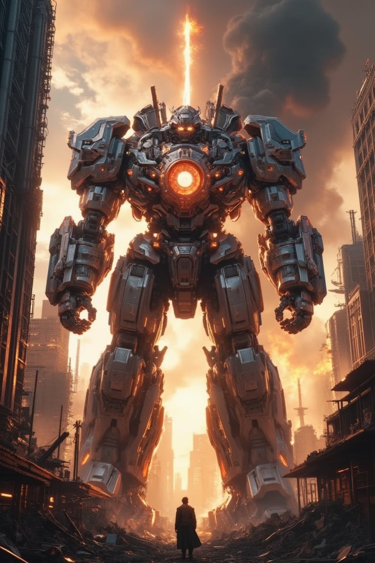 A futuristic mecha giant stands proudly in a desolate cityscape at sunset, its metallic body glowing with an otherworldly aura. The massive robot's arms stretch wide, holding aloft a gleaming sword, as it gazes out upon the ruins of civilization. Smoke and flames dance in the background, while neon lights flicker to life on the mecha's chest, casting an eerie glow over the devastation.