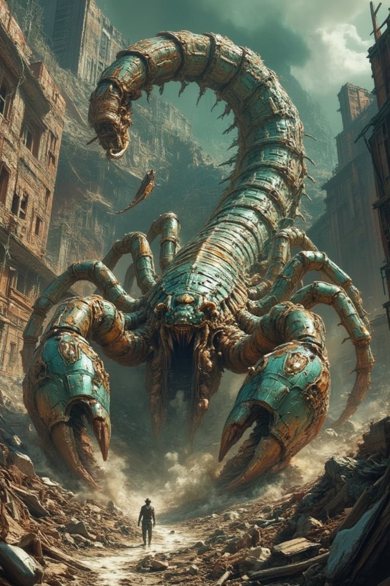 A post-apocalyptic wasteland, the Yermo lies in ruins. A behemoth of a muttascorpion, its segmented body as long as a city block, coils and uncoils like a living wrecking ball. Chitinous plates glint in the harsh sunlight, while razor-sharp pincers snap with malevolent intent. The once-green landscape now scorched and blackened, a desolate backdrop for this monstrous terror to reign supreme.