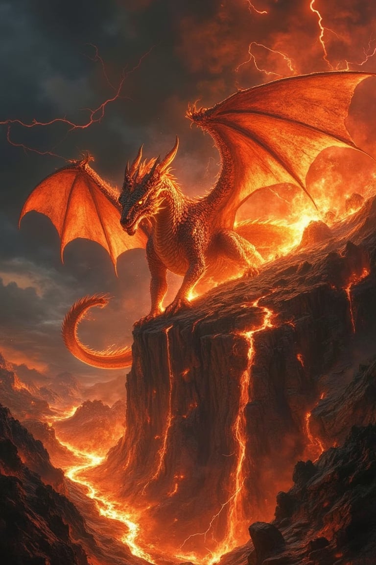 Create an image of a fierce fire dragon perched on the edge of a fiery volcano. The dragon is massive, with scales that shimmer in shades of red, orange, and gold, resembling molten lava. Its eyes glow with an intense yellow-orange light, filled with both intelligence and ferocity. The dragon's wings are enormous, with membranes that appear almost translucent, glowing with internal flames. It spreads its wings wide as if ready to take flight, with embers and smoke swirling around it.

The surrounding volcano is erupting, spewing lava and ash into the dark, smoke-filled sky. Rivers of molten lava flow down the rocky slopes, illuminating the scene with a hellish glow. The air is thick with smoke and ash, and occasional bursts of flame shoot out from cracks in the earth. Jagged rocks and volcanic debris litter the ground, adding to the sense of danger and desolation. The sky is dark and ominous, with flashes of lightning illuminating the thick plumes of smoke that billow from the volcano. The atmosphere is intense and dramatic, filled with heat, power, and the untamed fury of nature.